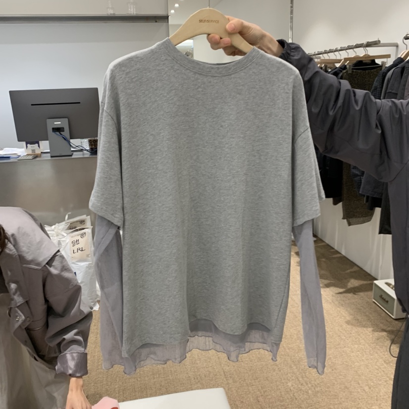 SELF SERVICE㊣東大門實拍女士新款真品長袖T恤假兩件蕾絲SELF SERVICE長袖T恤圖色2