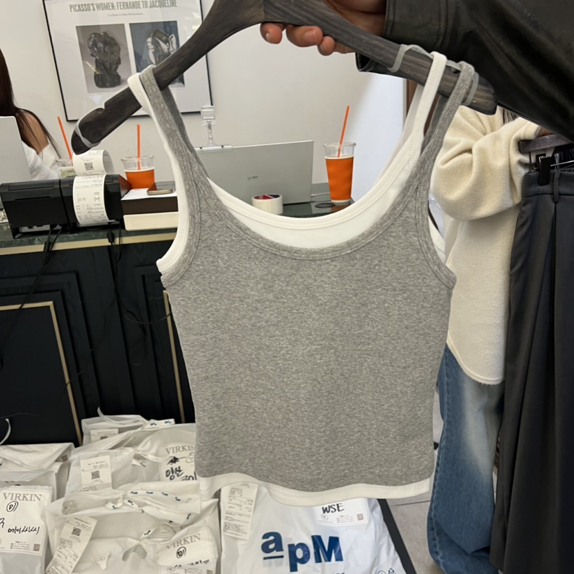 VIRKIN韓國直郵㊣女士新品休閑26春夏吊帶背心假兩件雙排扣VIRKIN吊帶/背心