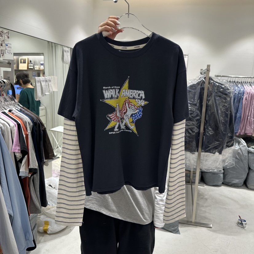 COMBO韓國代購㊣女裝新品26春夏休閑人氣長袖T恤假兩件春款COM_BO長袖T恤圖色2