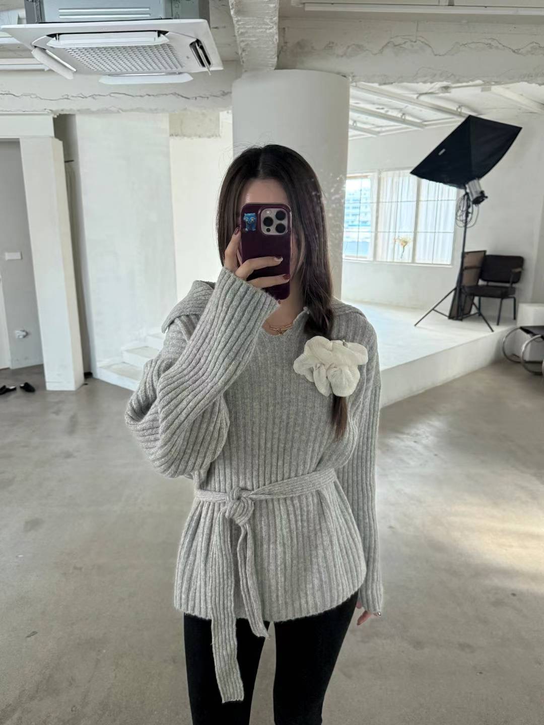 IT東大門實拍女士新款26春夏職業真品人氣休閑針織衫含腰帶IT針織衫