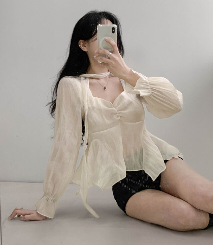 CRONG東大門直郵女裝新品職業推薦熱賣休閑襯衫蕾絲衫含脖帶CRONG襯衫/蕾絲衫