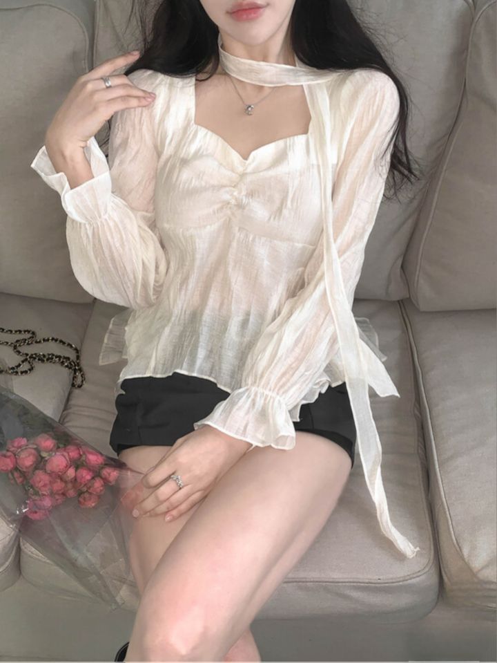 CRONG東大門直郵女裝新品職業推薦熱賣休閑襯衫蕾絲衫含脖帶CRONG襯衫/蕾絲衫