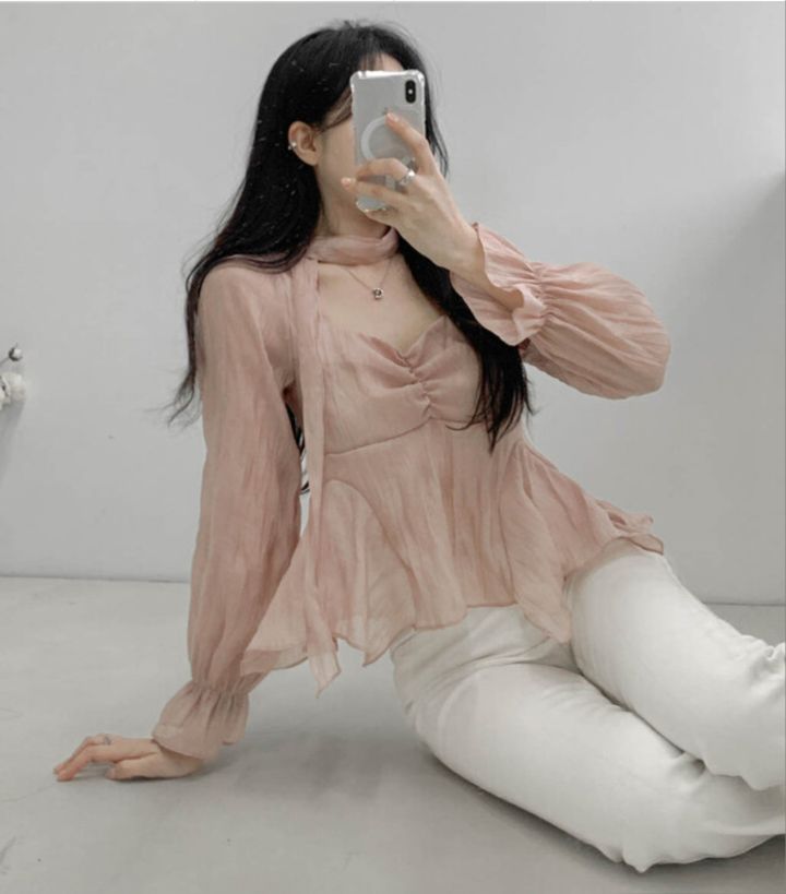 CRONG東大門直郵女裝新品職業推薦熱賣休閑襯衫蕾絲衫含脖帶CRONG襯衫/蕾絲衫