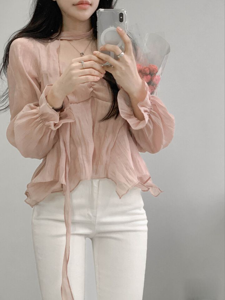 CRONG東大門直郵女裝新品職業推薦熱賣休閑襯衫蕾絲衫含脖帶CRONG襯衫/蕾絲衫