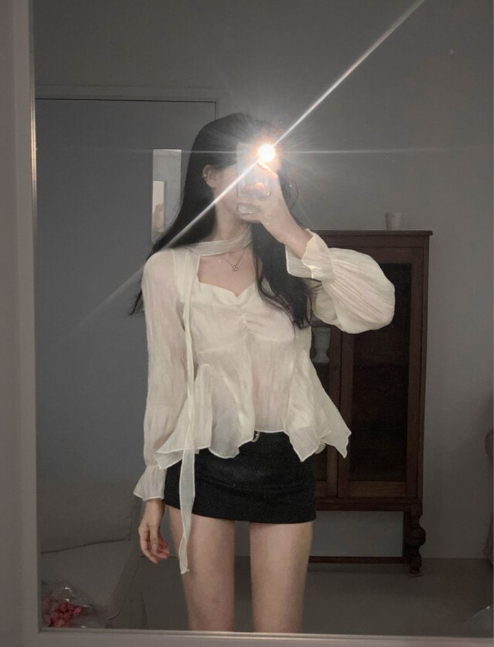 CRONG東大門直郵女裝新品職業推薦熱賣休閑襯衫蕾絲衫含脖帶CRONG襯衫/蕾絲衫