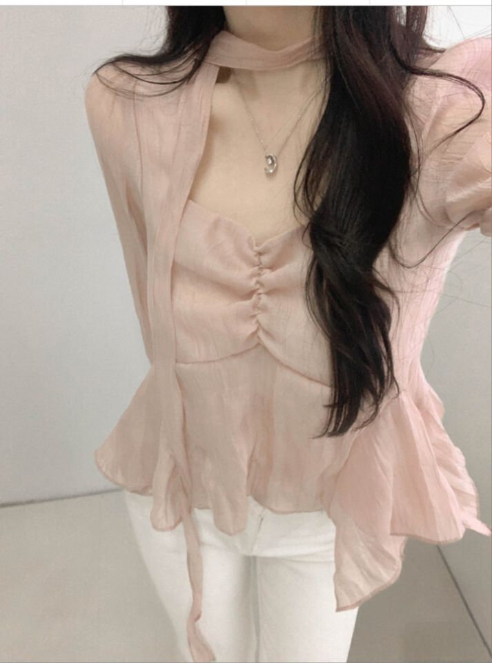 CRONG東大門直郵女裝新品職業推薦熱賣休閑襯衫蕾絲衫含脖帶CRONG襯衫/蕾絲衫