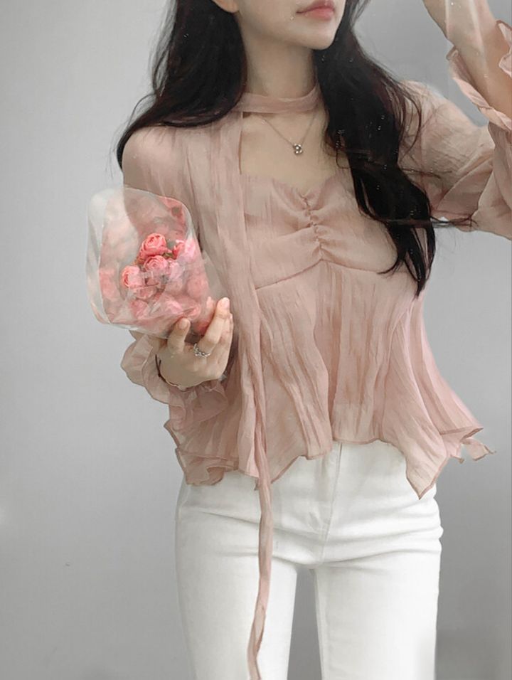 CRONG東大門直郵女裝新品職業推薦熱賣休閑襯衫蕾絲衫含脖帶CRONG襯衫/蕾絲衫