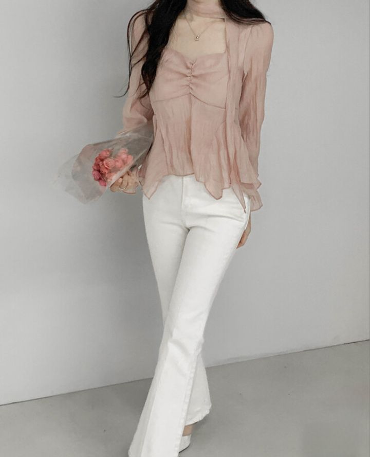 CRONG東大門直郵女裝新品職業推薦熱賣休閑襯衫蕾絲衫含脖帶CRONG襯衫/蕾絲衫