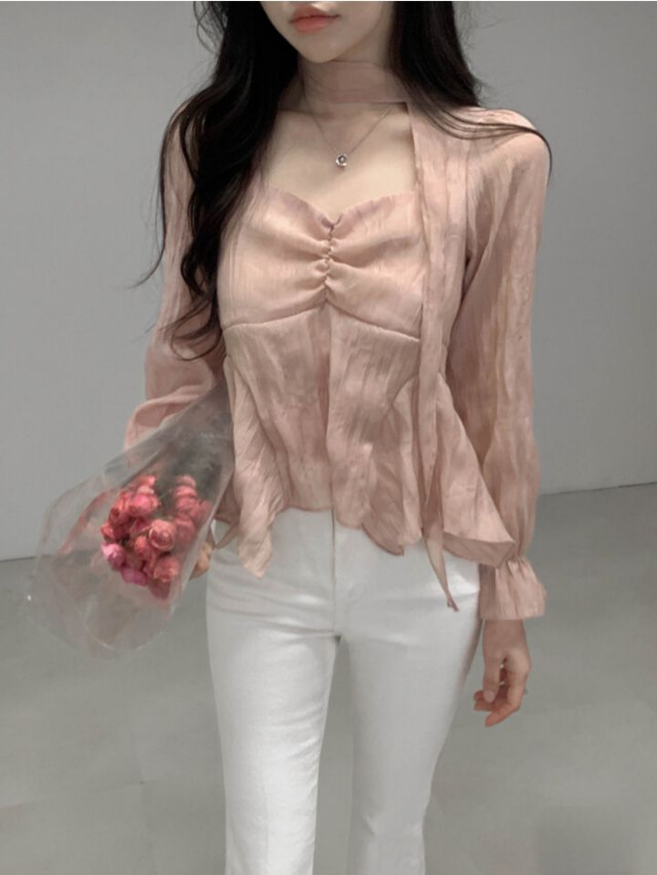 CRONG東大門直郵女裝新品職業推薦熱賣休閑襯衫蕾絲衫含脖帶CRONG襯衫/蕾絲衫