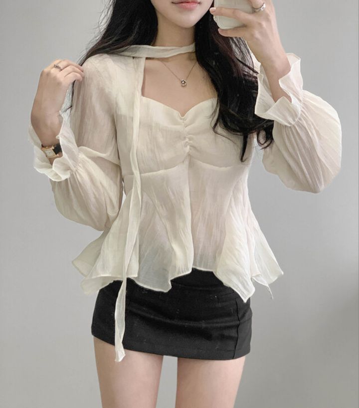 CRONG東大門直郵女裝新品職業推薦熱賣休閑襯衫蕾絲衫含脖帶CRONG襯衫/蕾絲衫