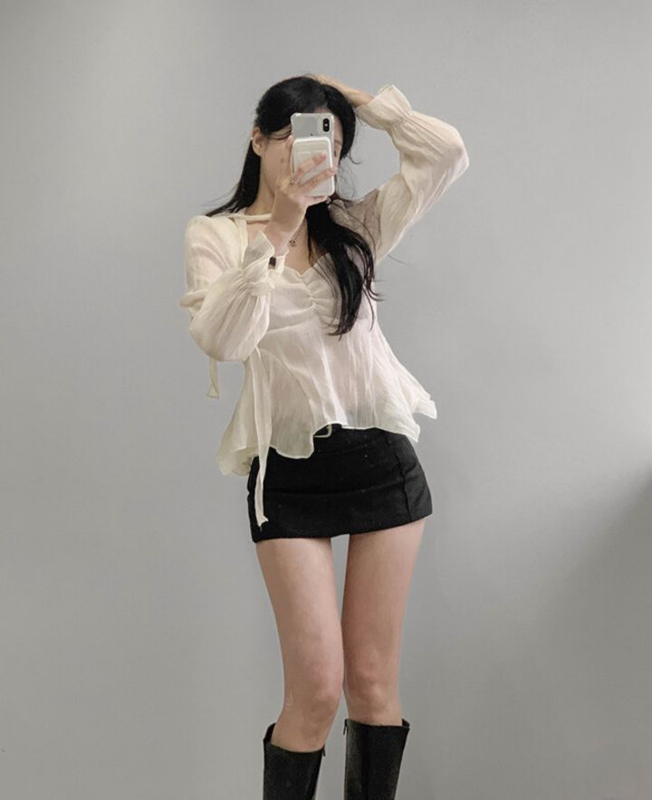 CRONG東大門直郵女裝新品職業推薦熱賣休閑襯衫蕾絲衫含脖帶CRONG襯衫/蕾絲衫