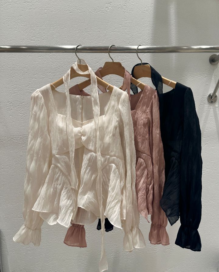 CRONG東大門直郵女裝新品職業推薦熱賣休閑襯衫蕾絲衫含脖帶CRONG襯衫/蕾絲衫圖色3左三色