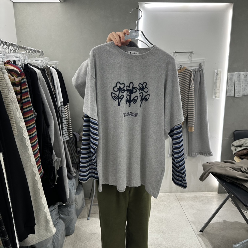 ANDE東大門直郵女裝新款時尚休閑26春季長袖T恤假兩件刺繡Ande長袖T恤圖色2