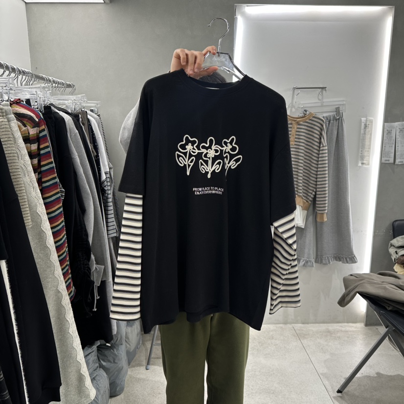 ANDE東大門直郵女裝新款時尚休閑26春季長袖T恤假兩件刺繡Ande長袖T恤圖色3