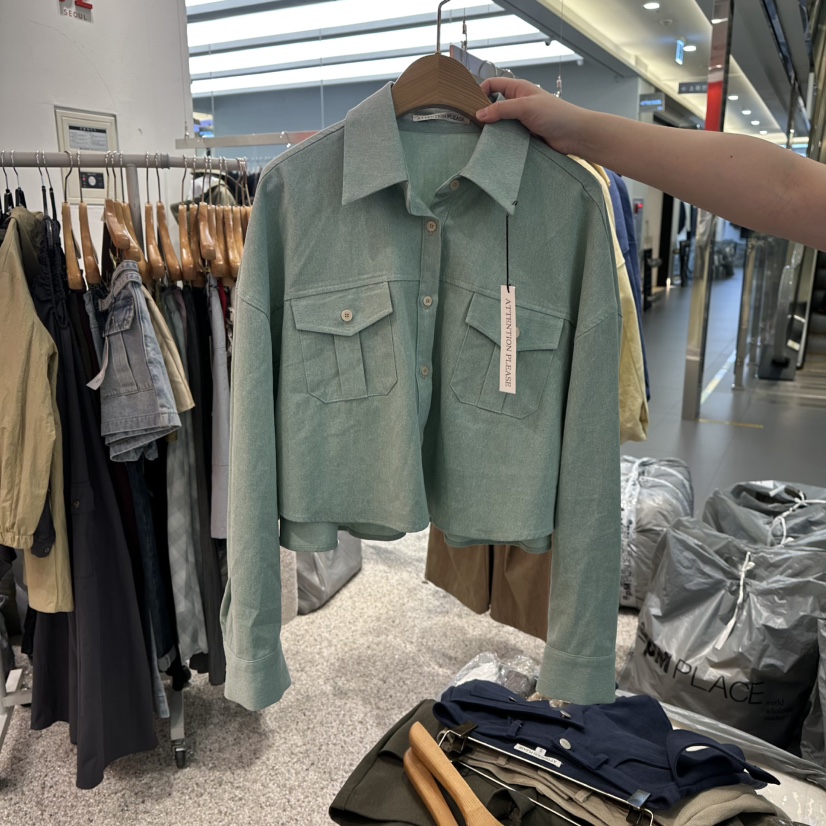 ATPZ東大門代購女士新品熱賣襯衫蕾絲衫不含內搭口袋短款ATTENTION PLEAES襯衫/蕾絲衫圖色1