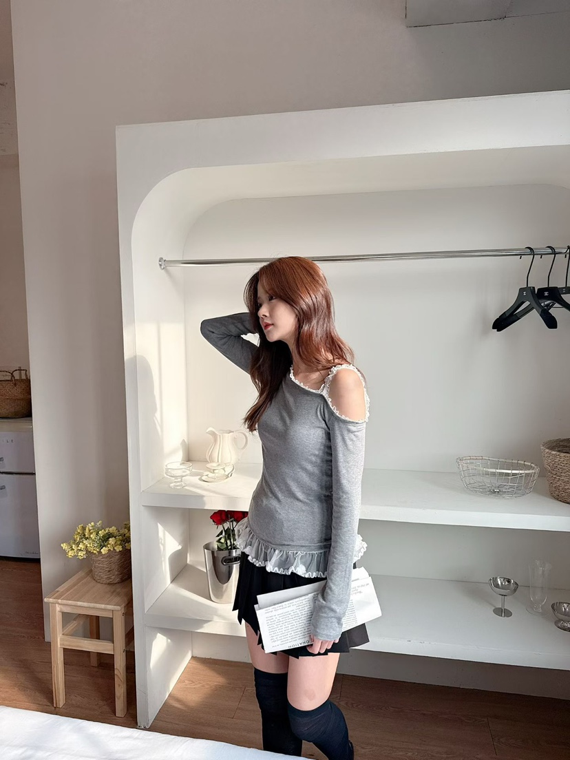 BE&amp;BE韓國代購女士新款推薦職業26春季時尚長袖T恤露肩BE&be長袖T恤