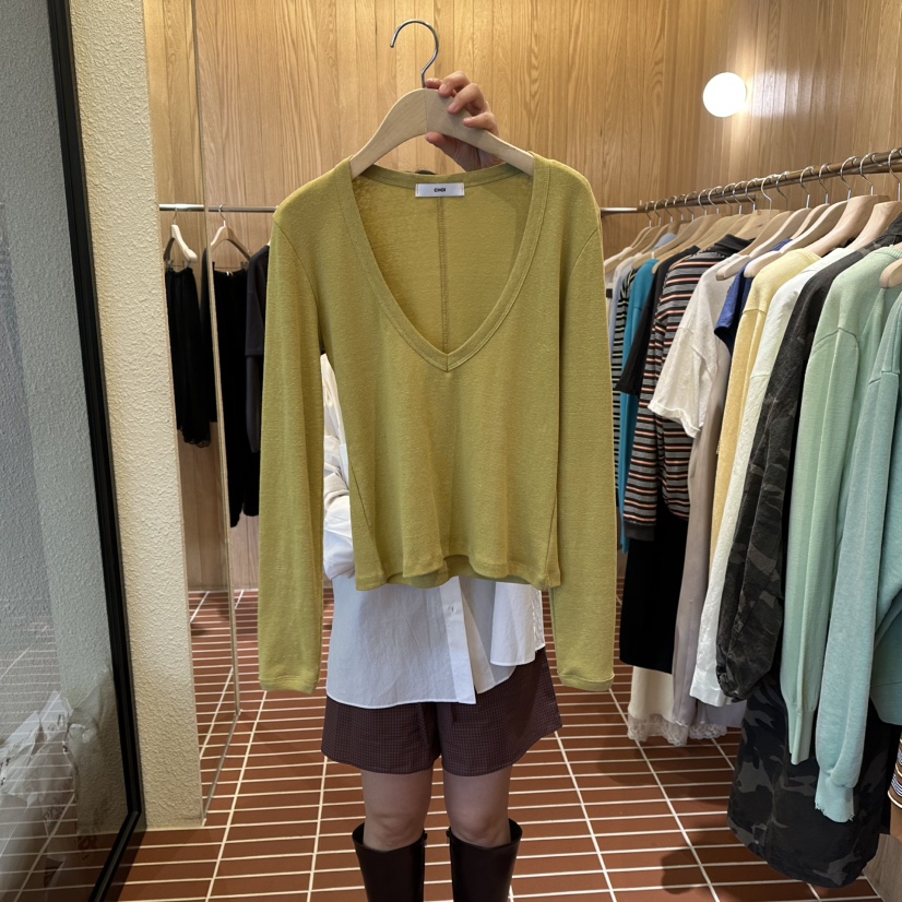 CHOI-L東大門代購女裝新款熱賣休閑人氣推薦時尚長袖T恤V領CHOI長袖T恤圖色2