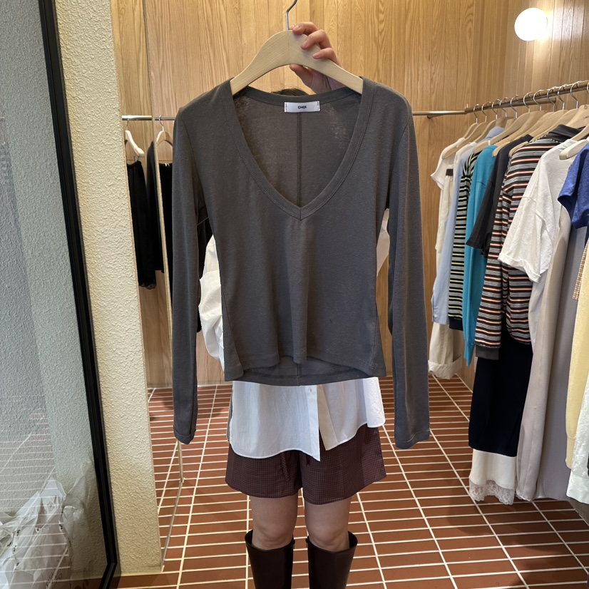 CHOI-L東大門代購女裝新款熱賣休閑人氣推薦時尚長袖T恤V領CHOI長袖T恤圖色5