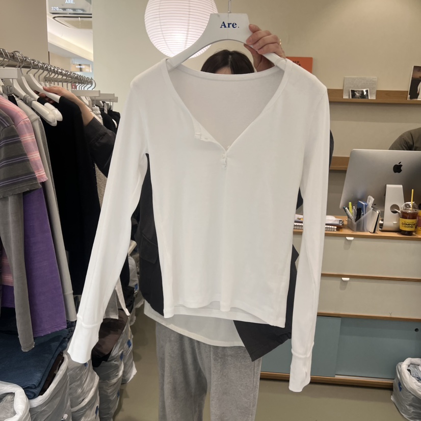 ARE東大門代購女裝新款人氣職業推薦26春夏長袖T恤紐扣羅紋ARE YOU/ARE長袖T恤圖色2