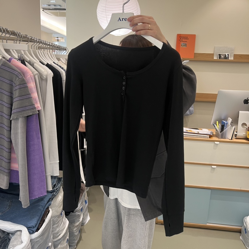 ARE東大門代購女裝新款人氣職業推薦26春夏長袖T恤紐扣羅紋ARE YOU/ARE長袖T恤圖色3