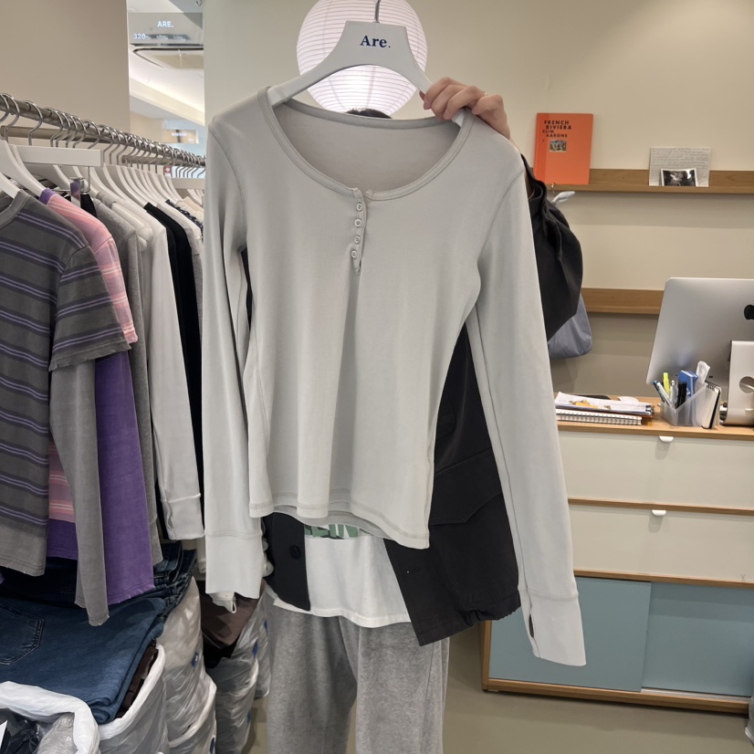 ARE東大門代購女裝新款人氣職業推薦26春夏長袖T恤紐扣羅紋ARE YOU/ARE長袖T恤圖色4