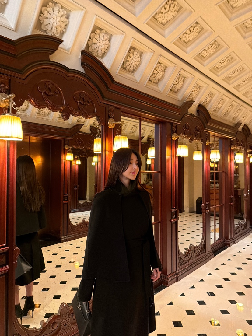 LAVIEU韓國代購女裝新品休閑中長款大衣手工制作含腰帶披肩LAVIEU中長款大衣