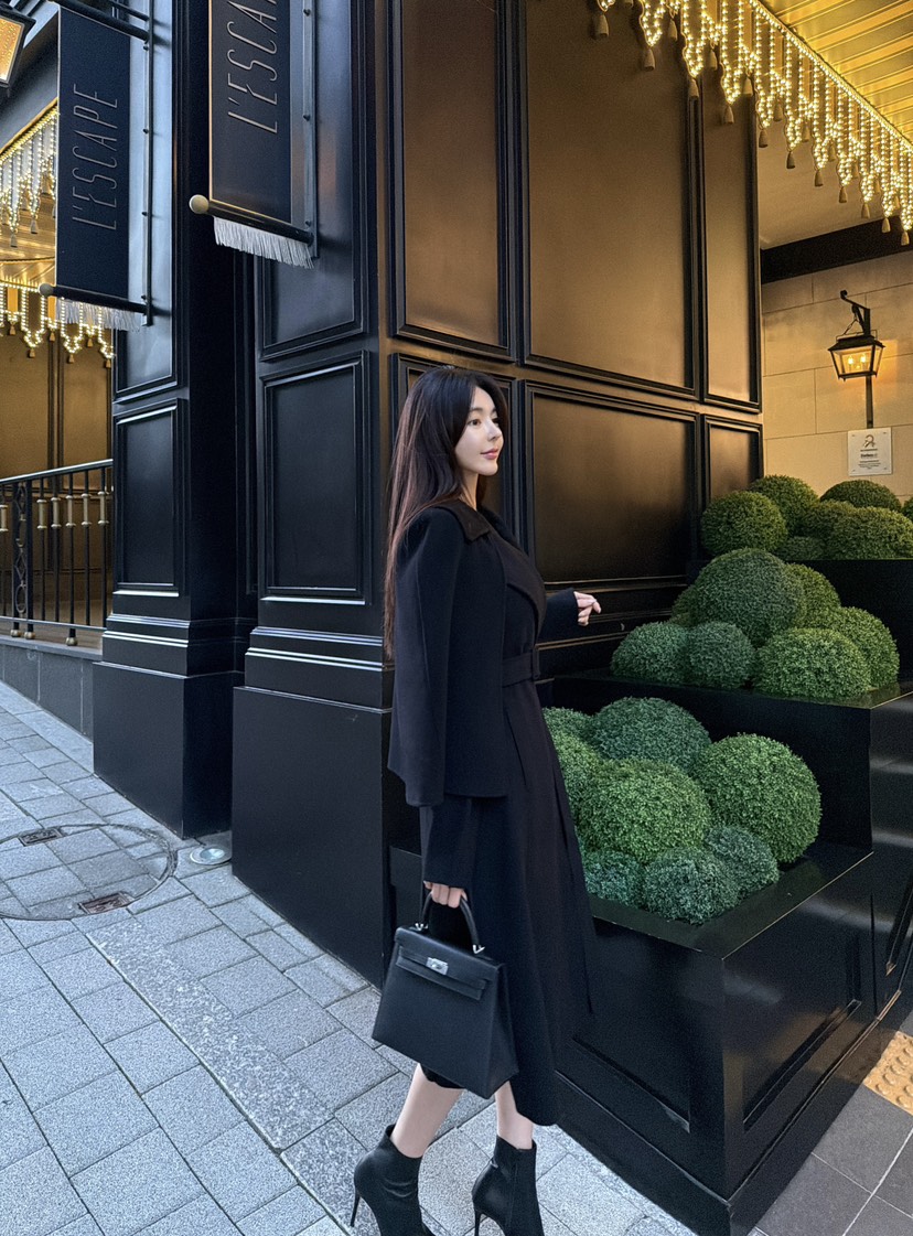 LAVIEU韓國代購女裝新品休閑中長款大衣手工制作含腰帶披肩LAVIEU中長款大衣