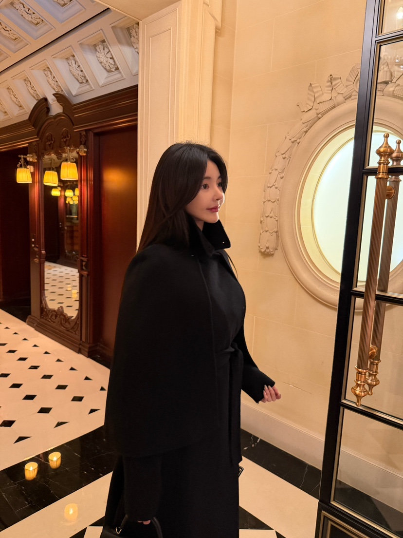 LAVIEU韓國代購女裝新品休閑中長款大衣手工制作含腰帶披肩LAVIEU中長款大衣