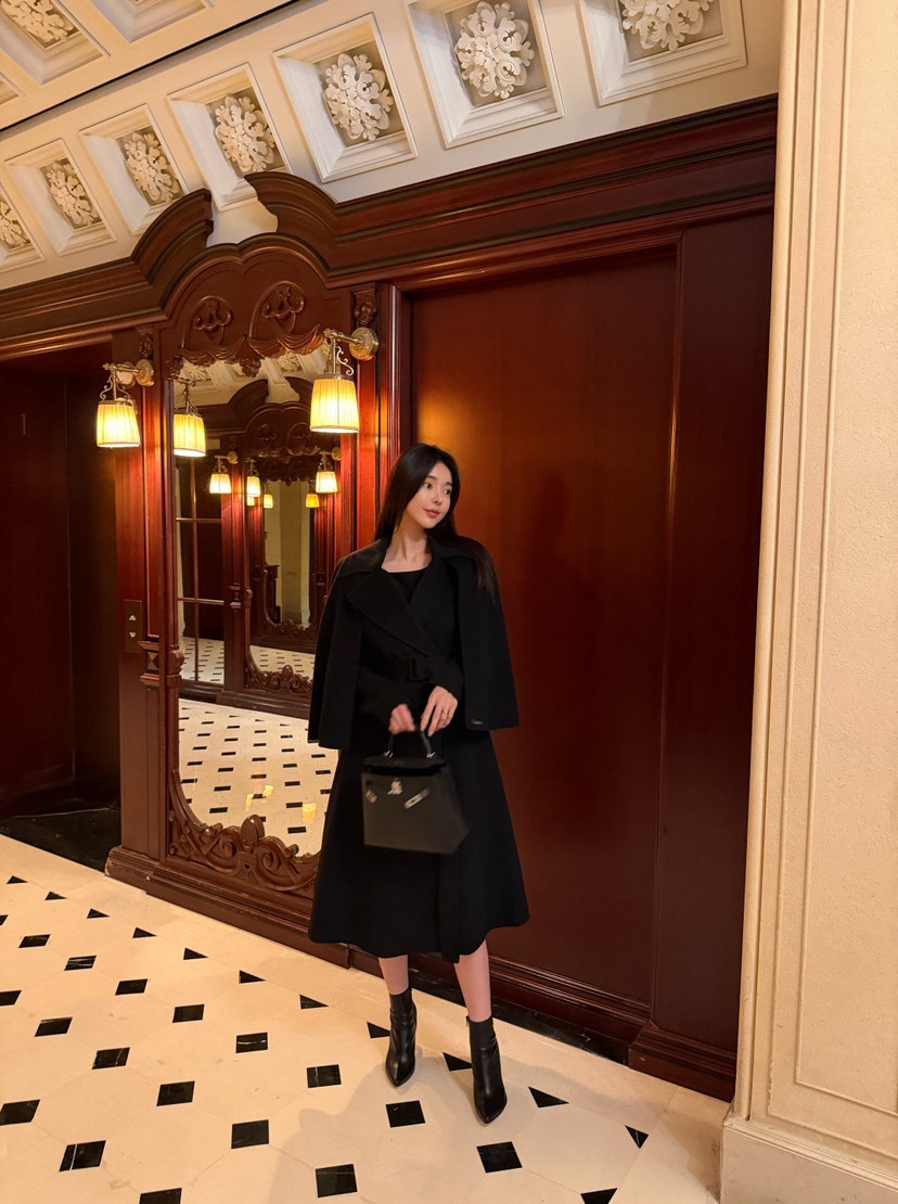 LAVIEU韓國代購女裝新品休閑中長款大衣手工制作含腰帶披肩LAVIEU中長款大衣