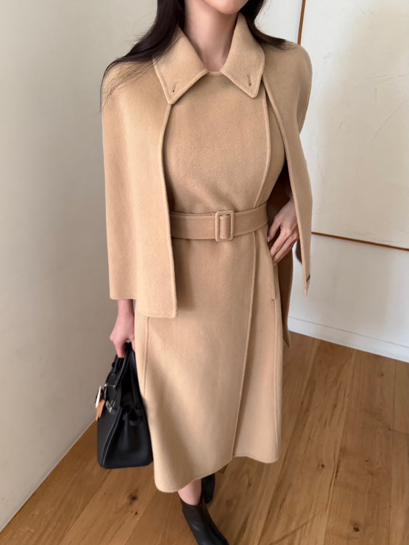 LAVIEU韓國代購女裝新品休閑中長款大衣手工制作含腰帶披肩LAVIEU中長款大衣