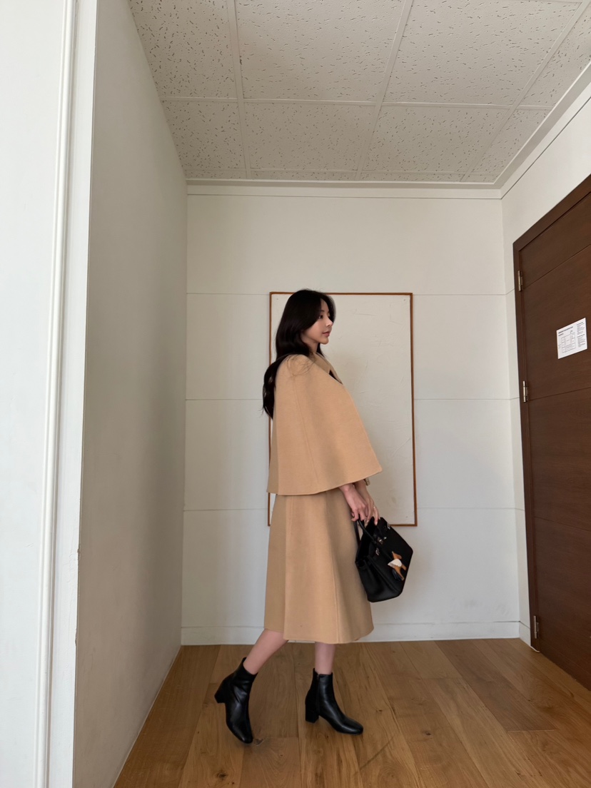 LAVIEU韓國代購女裝新品休閑中長款大衣手工制作含腰帶披肩LAVIEU中長款大衣