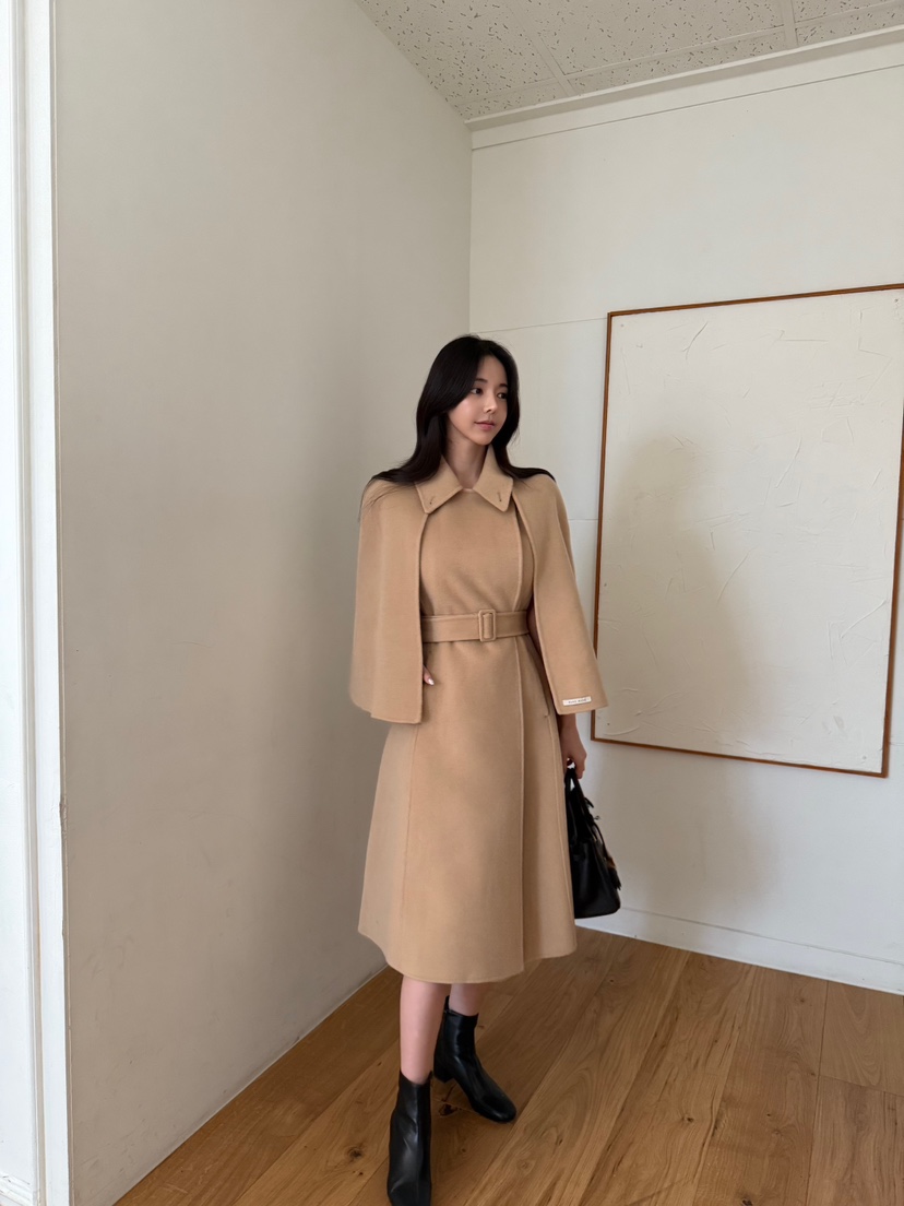 LAVIEU韓國代購女裝新品休閑中長款大衣手工制作含腰帶披肩LAVIEU中長款大衣