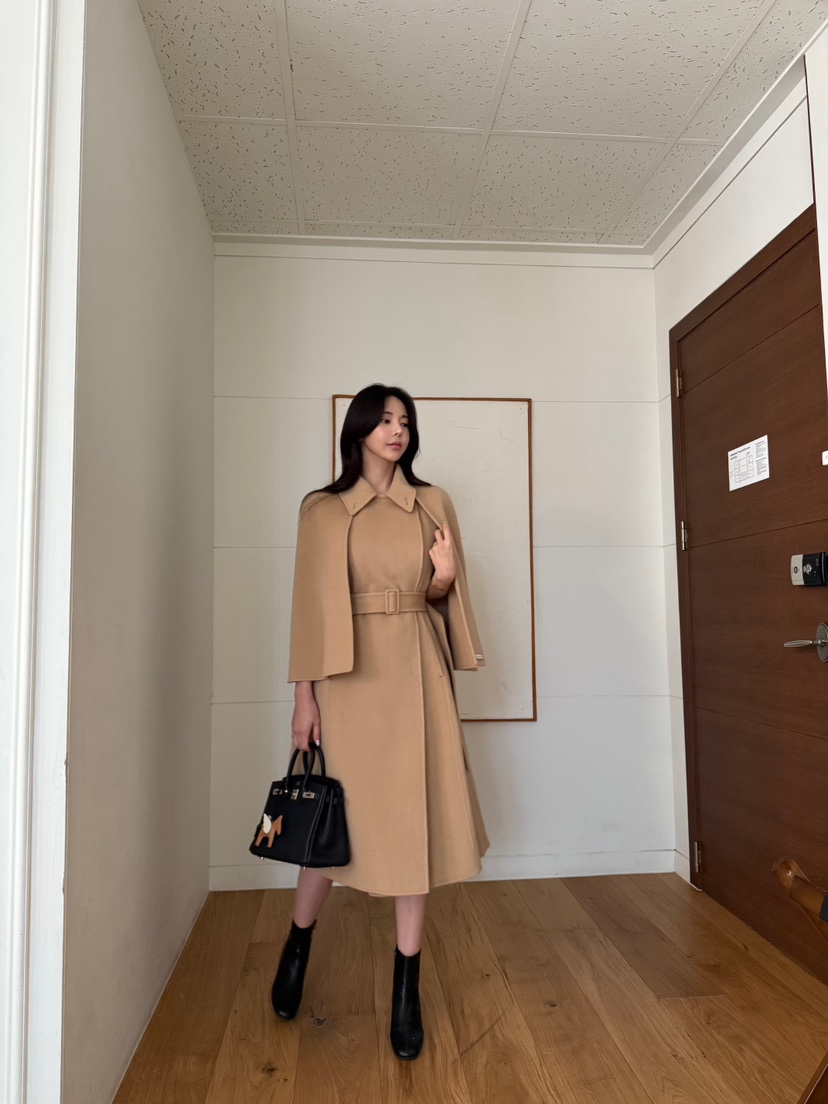 LAVIEU韓國代購女裝新品休閑中長款大衣手工制作含腰帶披肩LAVIEU中長款大衣