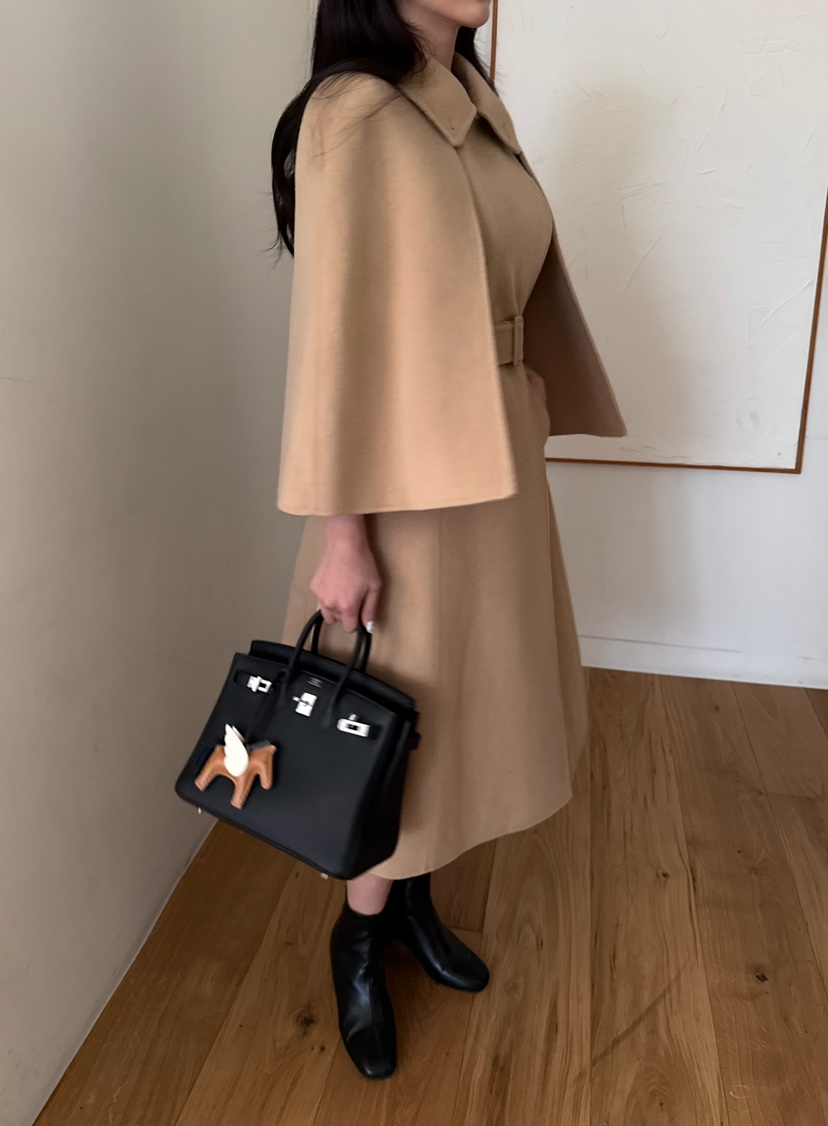 LAVIEU韓國代購女裝新品休閑中長款大衣手工制作含腰帶披肩LAVIEU中長款大衣