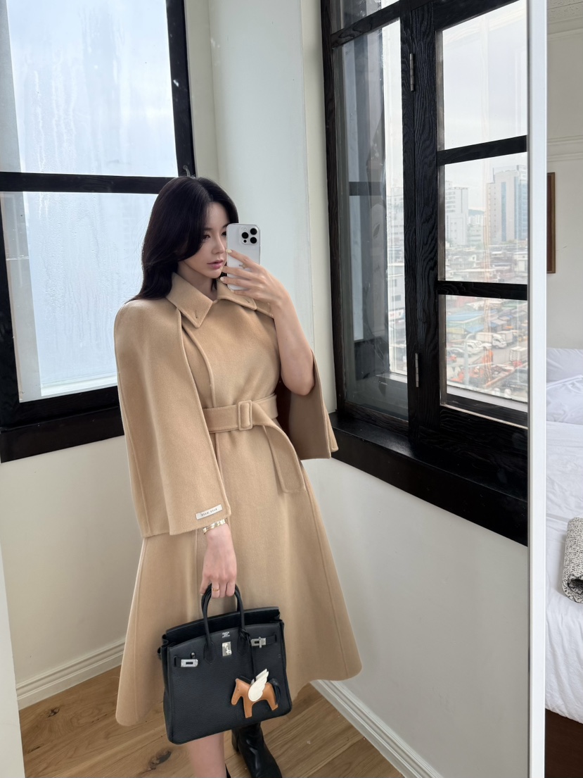 LAVIEU韓國代購女裝新品休閑中長款大衣手工制作含腰帶披肩LAVIEU中長款大衣