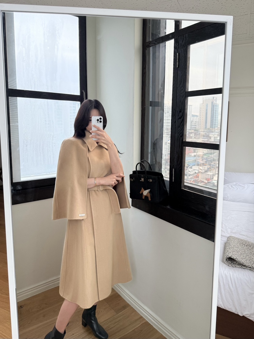 LAVIEU韓國代購女裝新品休閑中長款大衣手工制作含腰帶披肩LAVIEU中長款大衣