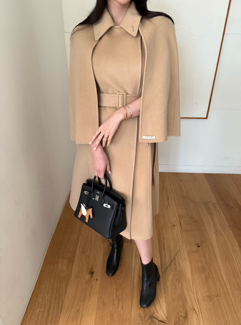 LAVIEU韓國代購女裝新品休閑中長款大衣手工制作含腰帶披肩LAVIEU中長款大衣