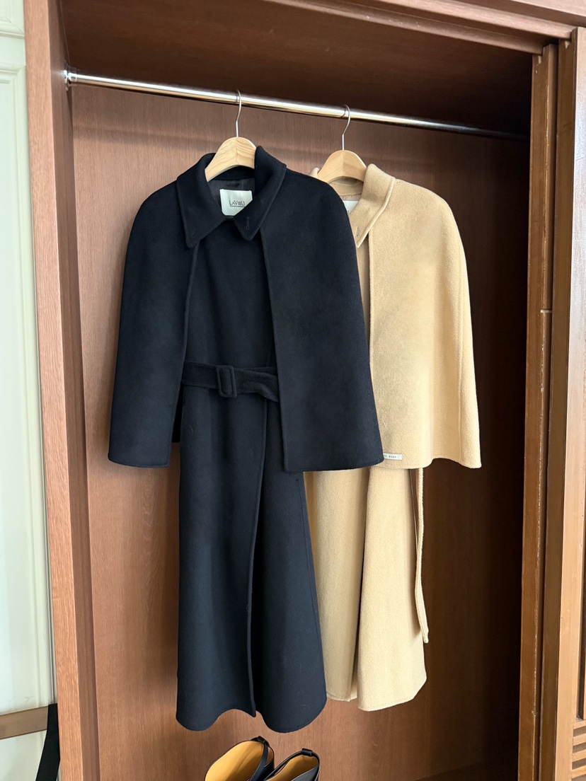 LAVIEU韓國代購女裝新品休閑中長款大衣手工制作含腰帶披肩LAVIEU中長款大衣