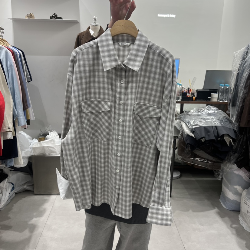 ANN MARGRET韓國直郵女士新品職業襯衫蕾絲衫口袋格子GRETA.Y襯衫/蕾絲衫圖色2