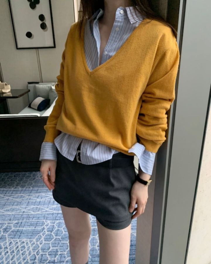 STAY HERE韓國代購女士新品26春季休閑時尚職業針織衫V領STAY HERE針織衫