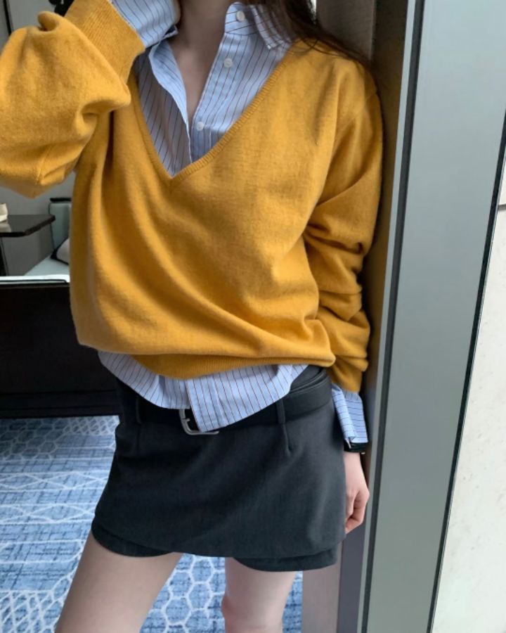 STAY HERE韓國代購女士新品26春季休閑時尚職業針織衫V領STAY HERE針織衫