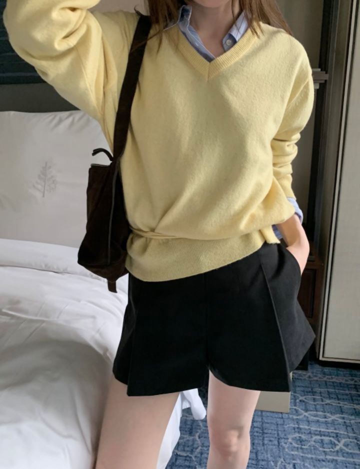 STAY HERE韓國直郵女士新款推薦時尚休閑針織衫不含內搭V領STAY HERE針織衫圖色1