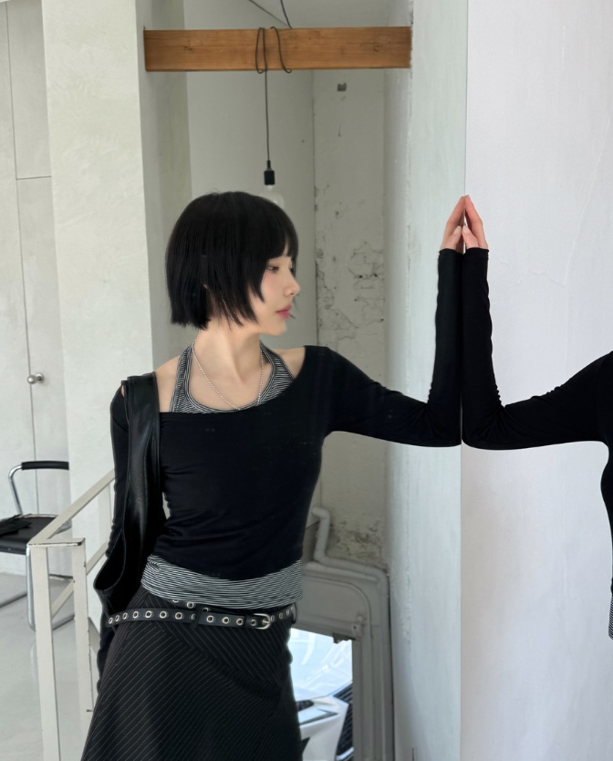 SHOTGUN東大門代購女裝新款時尚休閑推薦真品長袖T恤假兩件SHOTGUN長袖T恤