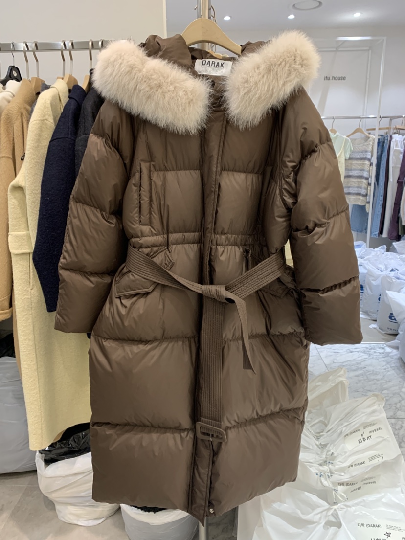 DARAK韓國代購女士新品人氣時尚真品長款棉服含腰帶狐貍特價DARAK長款棉服