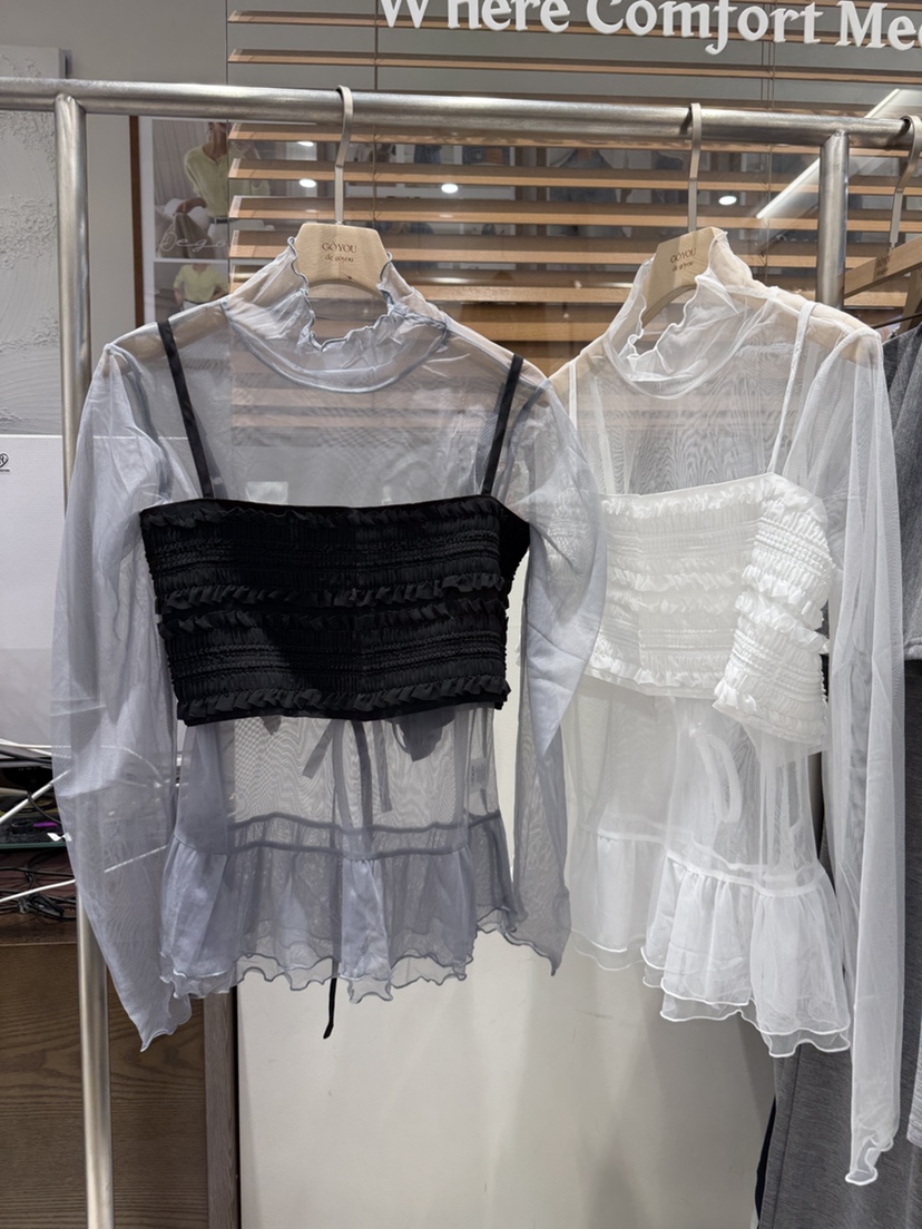 DE GO YOU韓國直郵女士新品休閑熱賣襯衫蕾絲衫荷葉邊透視DE GO YOU襯衫/蕾絲衫