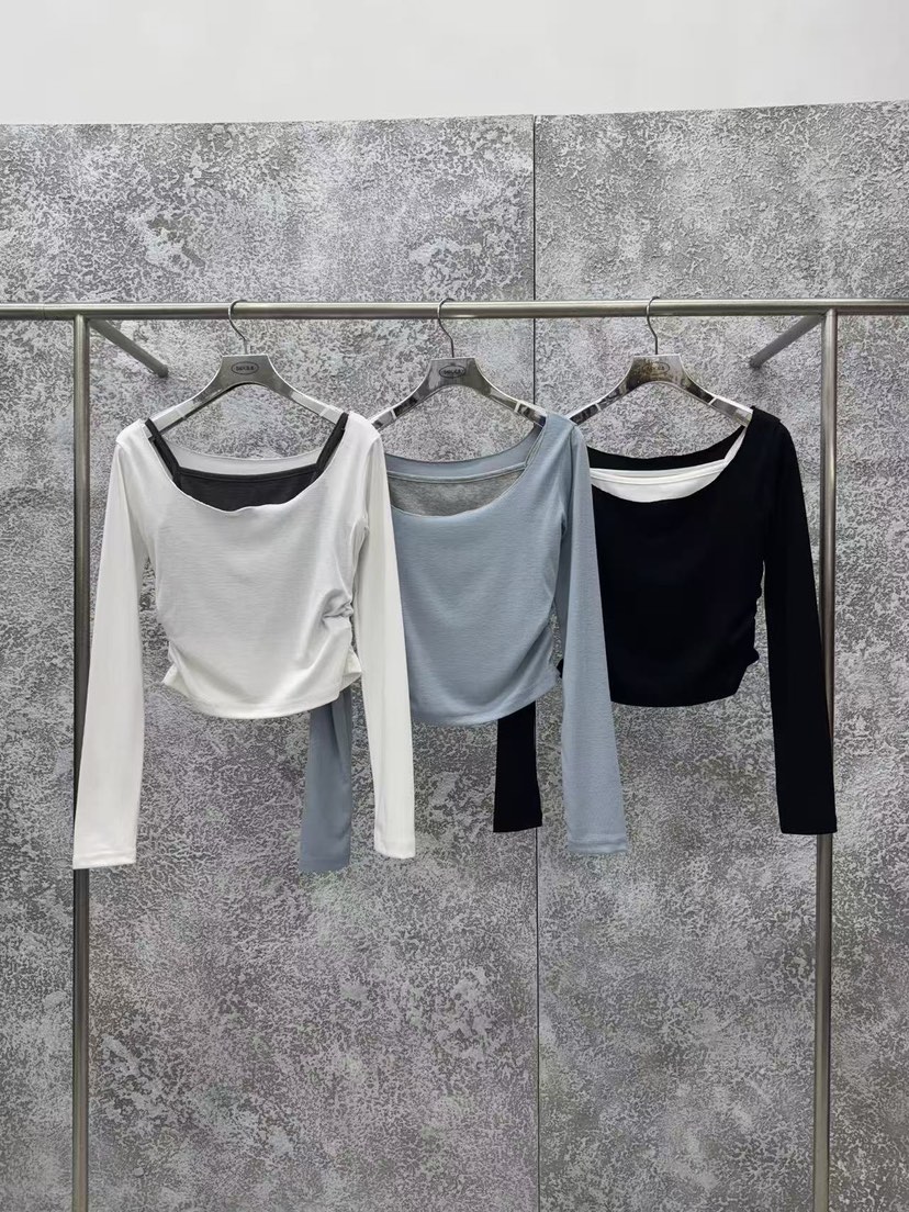 BADCALM東大門實拍女裝新款人氣時尚26春夏長袖T恤假兩件褶皺BADCALM長袖T恤