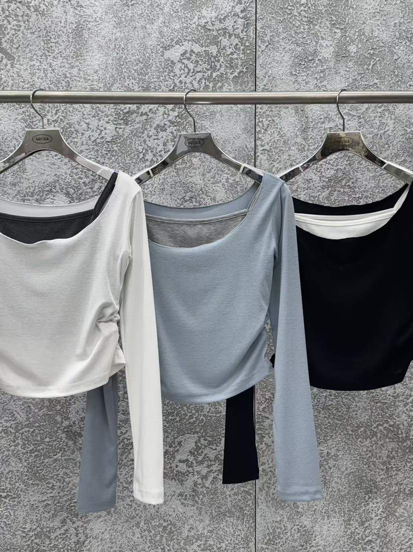 BADCALM東大門實拍女裝新款人氣時尚26春夏長袖T恤假兩件褶皺BADCALM長袖T恤