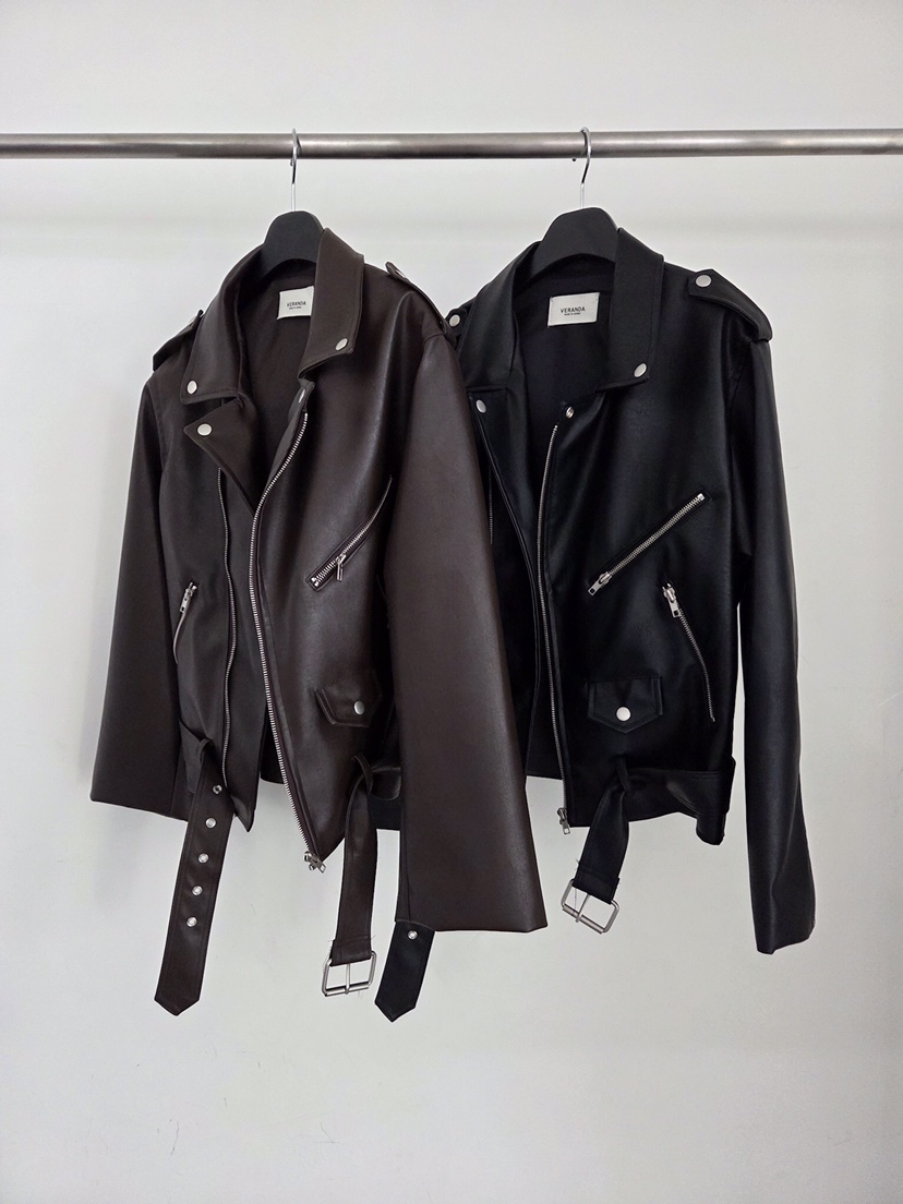 VERANDA韓國直郵女士新款人氣26春夏時尚職業休閑皮衣含腰帶VERANDA皮衣