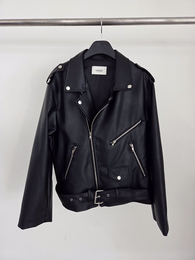 VERANDA韓國直郵女士新款人氣26春夏時尚職業休閑皮衣含腰帶VERANDA皮衣