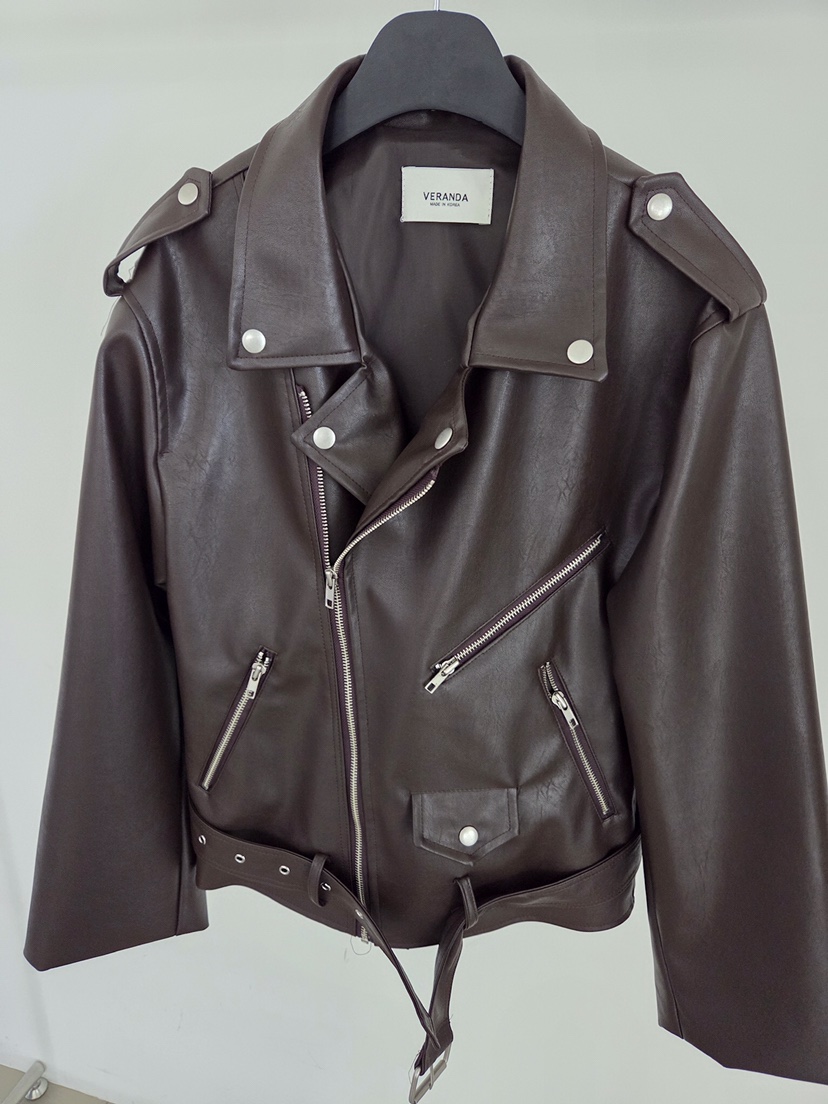 VERANDA韓國直郵女士新款人氣26春夏時尚職業休閑皮衣含腰帶VERANDA皮衣